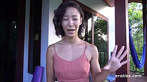 Hot Brunette Uses Glass Dildo For Masturbation