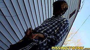 A group of twinks gathers in a gay fetish scene, splashing piss from their cocks during solo masturbation.