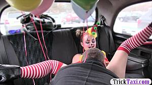 costumed cutie teases driver's big cock in public pussy play, handjob and blowjob outdoors