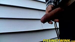 A group of twinks gathers in a gay fetish scene, splashing piss from their cocks during solo masturbation.