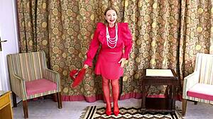 Busty milf mariaold teases with shaved pussy in red stockings and heels