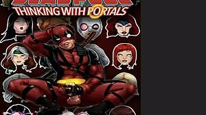 Deadpool thinking with portals in comic cartoon group scene