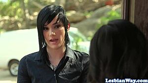 Lesbian stunner drilled hard by tattooed girlfriend with strapon.