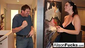 Busty brunette pornstar Alison Tyler meets her catfish and then fucks his friend hard.