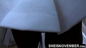 Ebony pussy pulled from red thong for rough biker fuck.