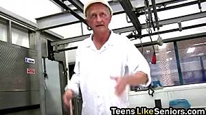 Watch this brunette teen bitch get fucked hard by her senior colleague!