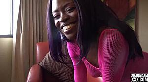 pink chocolate teaser licks balls and gets doggystyle fucked by big black cock