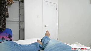 My busty cougar stepmother masturbating in front of me, handjob and taboo pov