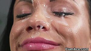 Peculiar Honey Receives Sperm Shots On Her Face While Sucking All The Juice In Bizarre Blowbang