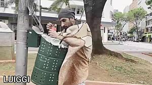 the homeless guy with huge cock gets sucked by gay couple in interracial scene