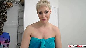 My busty cougar stepmother masturbating in front of me, handjob and taboo pov