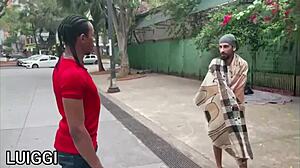 the homeless guy with huge cock gets sucked by gay couple in interracial scene