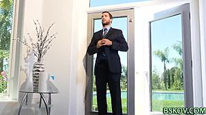 Pornstar in stockings bends over for intense fingering, oral, and hardcore doggystyle action