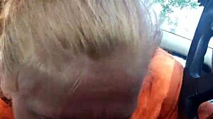 Street whore giving me a wild car blowjob outdoors!