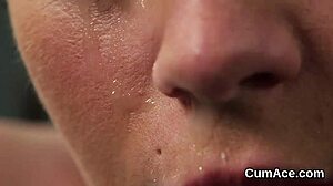 nasty model receives jizz load on face while sucking cream