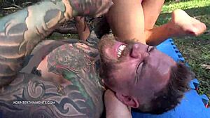 'Oh god, dean the sports guy eats my tight shaved pussy like a dog!' she exclaims outdoors