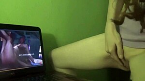 redhead milf experiences dry humping orgasm while watching porn in homemade setting