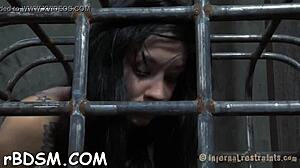 Rough BDSM machine sex with blowjob and orgasm