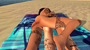 K and P experience orgasm on beach in lesbian reality scene