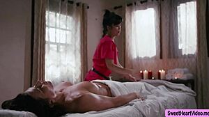 Jade gets her customer Ariel off with hot licks during steamy lesbian massage. So wild!