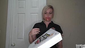 Blonde pizza slut teases with big tits before riding a monster BBC. She takes it doggystyle in wild interracial action like a champ.