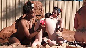 Horny Babes Licking Pussy And Fucking Toys In Outdoor Lesbian Orgy