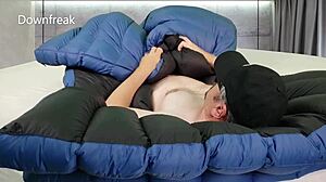 Humping unique feathered comforter on bed until cum in fetish session.