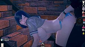 AI girl plays erotic video with cute short black hair big tits JK in real 3D CG game