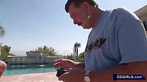 Sandras intense poolside orgasms riding the sybian machine hard