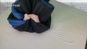 Humping unique feathered comforter on bed until cum in fetish session.