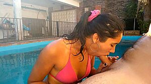 Argentinian Amateur Delivers Intense Deepthroat Blowjob by Poolside Monster Cock