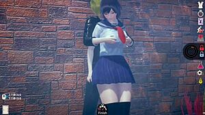 AI girl plays erotic video with cute short black hair big tits JK in real 3D CG game