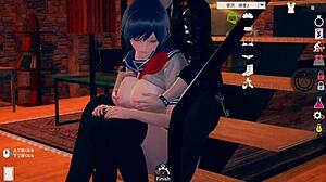 AI girl plays erotic video with cute short black hair big tits JK in real 3D CG game
