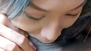 Asian ladyboy slurps big black cock in interracial encounter part 2.