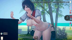 AI girl plays erotic video with cute short black hair big tits JK in real 3D CG game