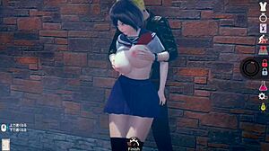 AI girl plays erotic video with cute short black hair big tits JK in real 3D CG game