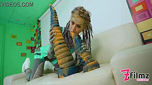extreme tattoo dreadhead rides huge anal toy with fingering