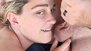 closeup blonde hotwife gives blowjob and facial