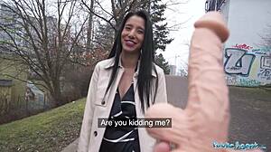 She tries dildo down throat then fucks huge cock!