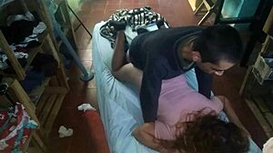 Girlfriend gets bent over in doggystyle position against the mattress by her friend in this amateur scene.