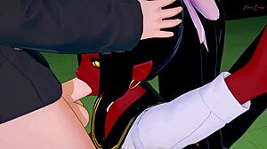 meru the succubus banged by two guys, drenched in cum all over