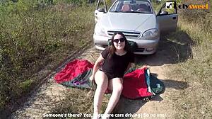 Feeling the Thrill of a Naked Strapon Orgasm in a Public Car with a Russian Amateur