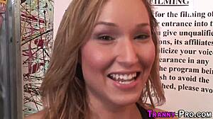 Blonde transsexual prostitute rides big cock in high definition anal scene