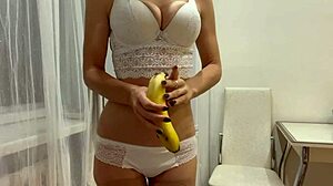 Hot MILF Intensely Plays with Banana, Showing Big Tits and Pussy