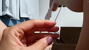 Latina masturbates on wet sofa.