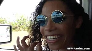 Hippie hitchhikers share the ride after being picked up.