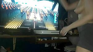 Good girl fucks her big natural tits and pussy in bathroom anal session