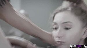 Jake Adams feeds Gracie May Green his juicy cock on her knees.