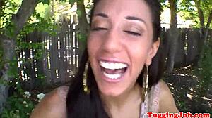 Gorgeous teen 18+ intensely jerks neighbor's cock outdoors in close-up POV