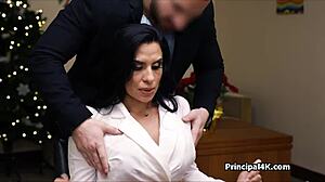 Watch the dark-haired milf ride the head teacher's cock in his office!